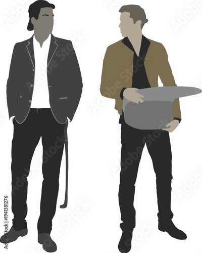Two young men in modern casual jackets and trousers, standing in stylish poses for fashion design