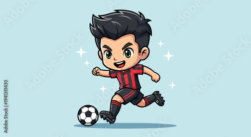 Cute Chibi Soccer Player Kicking Ball Cartoon Illustration.