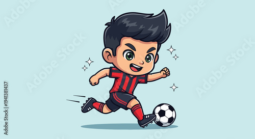 Cute Cartoon Soccer Player Kicking Ball.