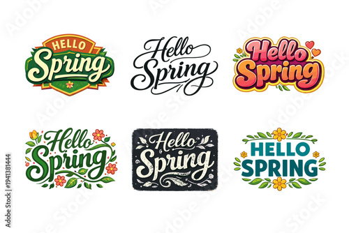 Hello Spring. Set lettering. harmonious lettering variations of the same emblematic concept, each with different artistic interpretation (Retro vintage badge