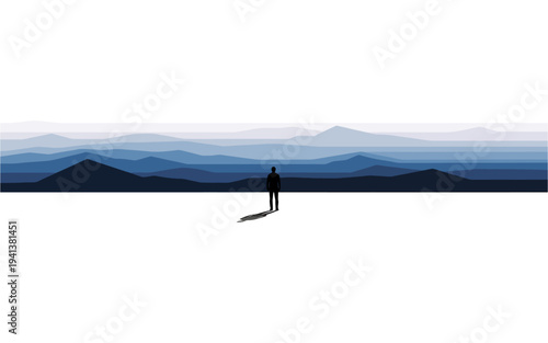 Hiker silhouette walking on mountain ridge at sunrise with foggy landscape