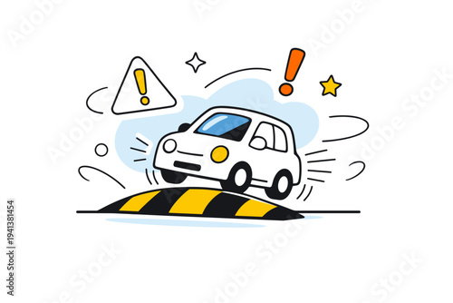 Road Safety Notice. Minimal sign showing a speed bump icon, with abstract braking lines around a small car. Informative and friendly atmosphere emphasizing