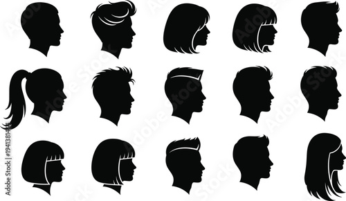 Collection of male and female head profile silhouettes with different hairstyles isolated vector icon set illustration