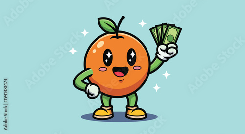 Cute Orange Character Holding Money Bills Cartoon Illustration.