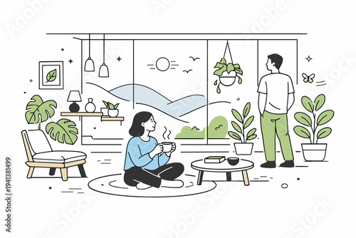 Nature-integrated architectural spaces. An editorial illustration of an interior with large windows, indoor plants, and natural materials. Calm atmosphere,