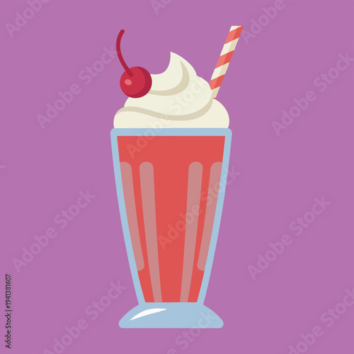 Strawberry milkshake with whipped cream and cherry topping in glass on purple base