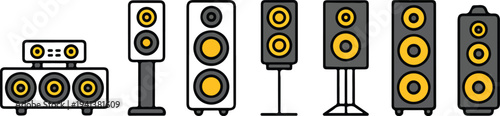 Minimalist speaker icon set with seven different models showing audio speakers, columns, and geometric driver designs in clean vector style