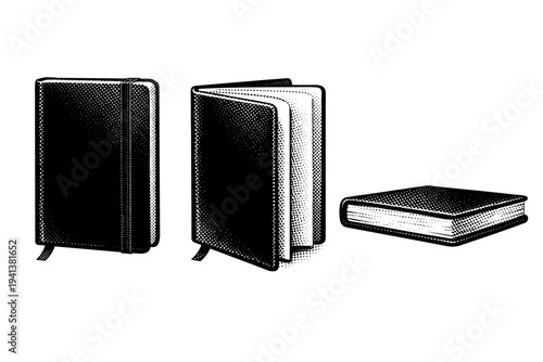 Hardcover notebook A classic hardcover notebook with rigid covers, rounded spine, and visible page block shown closed, slightly open, and side profile views as