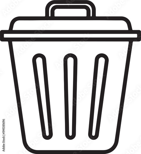 Black line of trash can with handle and three vertical slits also transparent background black line handle