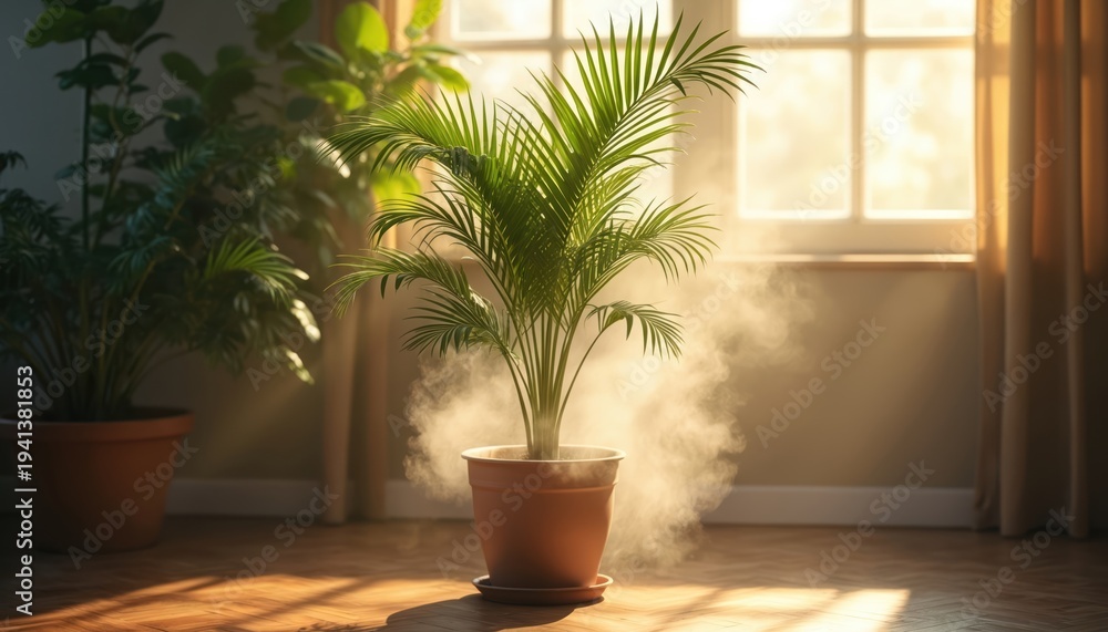 Fototapeta premium Potted palm plant indoors emits steam from soil. Sunlight streams through window, illuminating mist. Greenery thrives in humid home environment. Healthy flora.