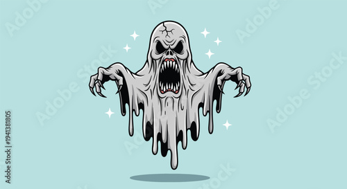 Scary Ghost Illustration with Spooky Face and Glowing Eyes.