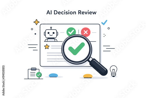 AI decision review. A magnifying glass hovering over an AI-generated result card, symbolizing inspection and verification. Balanced and neutral visual tone.