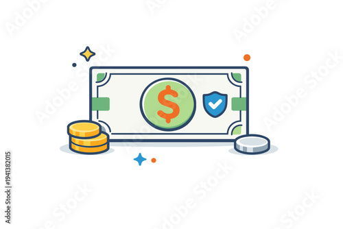 Paper money innovation a simple banknote with decorative frame lines and a subtle security seal icon, representing the transition from metal coins to