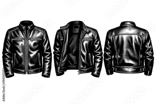 Leather jacket, a realistic leather jacket displayed zipped front view, open front view, and back view as three object views emphasizing material thickness and