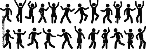 Stick figure people dancing and celebrating silhouettes set, joyful movement activity icons vector illustration collection