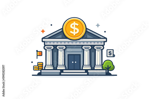 Industrial era banking a classical bank building facade with columns and a large coin symbol above the entrance, expressing institutional finance and the rise