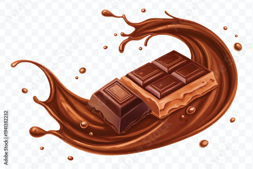 realistic 3d chocolate bar into liquid chocolate splash with bubbles in curve style isolated on transparent background