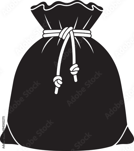 Black drawstring bag with white strings and knots also transparent background black bag