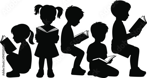 Large Collection of Kids Silhouette Reading Books Featuring Diverse Poses of Boys and Girls for Education Literacy School and Library Design Projects