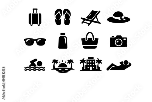 Island Vacation. Solid icon set of Island Vacation: suitcase travel, flip flops, beach chair, sun hat, sunglasses, sunscreen bottle, beach bag, camera, ocean