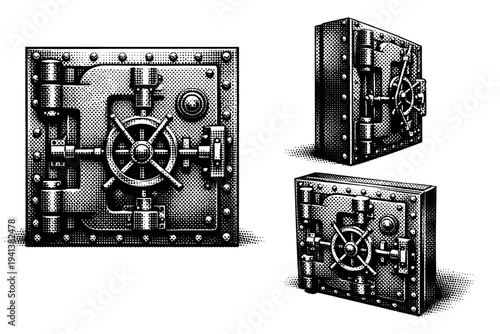 Industrial vault door. A heavy industrial vault door shown as a single object in three views highlighting riveted surfaces, reinforced hinges, and dense
