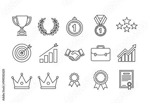 Achievement and Success Line Icons Set – Awards, Trophy, Goals and Recognition Outline Vector Collection