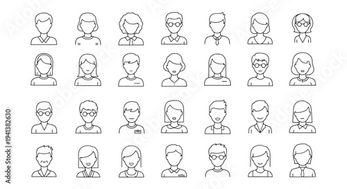 Diverse line drawings of human faces with varying expressions and hairstyles