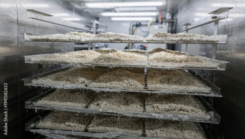 Medium shot showing freezedrying trays filled with bulk product undergoing precise lyophilization in a controlled lab environment.