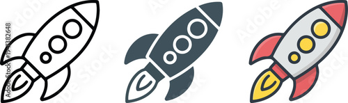 Minimalist rocket ship icon set with outline, gray, and colorful designs showing classic space rockets with windows and flame trails