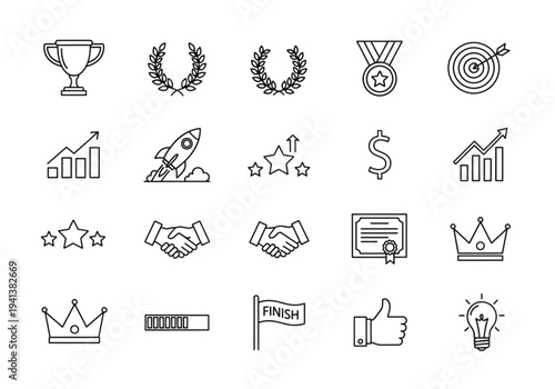 Achievement and Success Line Icons Set – Awards, Trophy, Goals and Recognition Outline Vector Collection