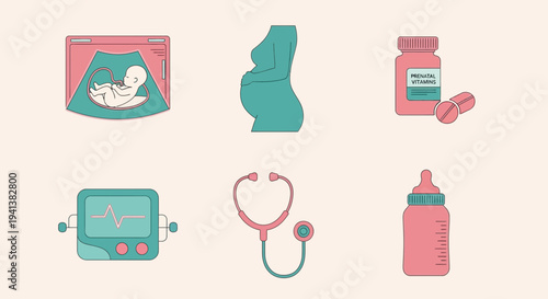 Six icons depicting pregnancy and newborn care items in pink and teal