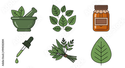 Six herbal remedy and natural product icons arranged in two rows