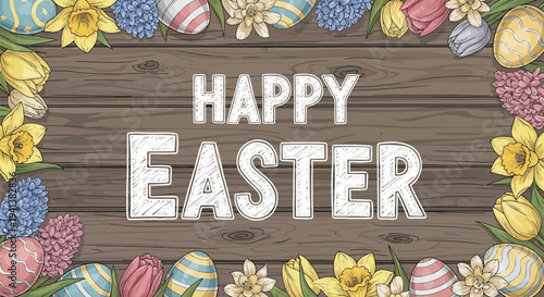 Happy easter greeting on dark wood background with spring flowers