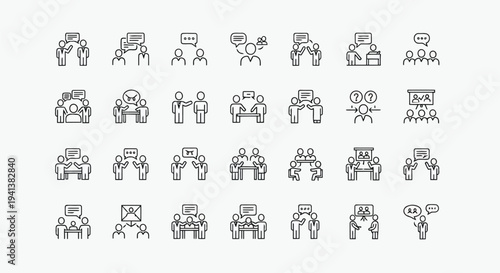 Collection of icons depicting various household appliances and furniture with speech bubbles