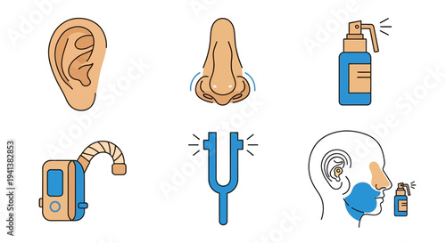 Six icons related to ear nose and throat health and diagnostics