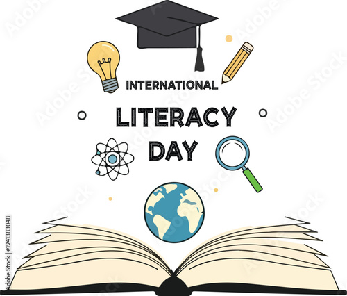 International literacy day celebration with educational icons and open book