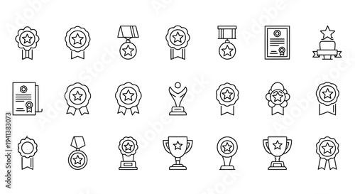 Collection of various achievement and award icons in a minimalist line art style