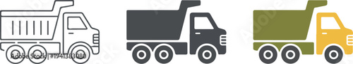 Minimalist dump truck icon set with outline, gray, and olive green designs showing side profile, raised hydraulic bed, and construction vehicle