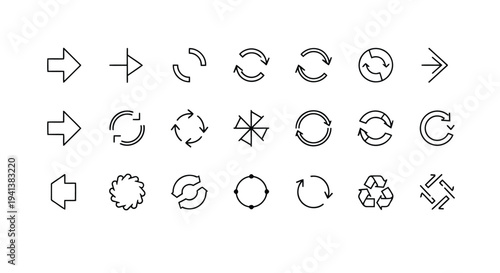 Collection of various arrow and circular directional icons in simple line art style