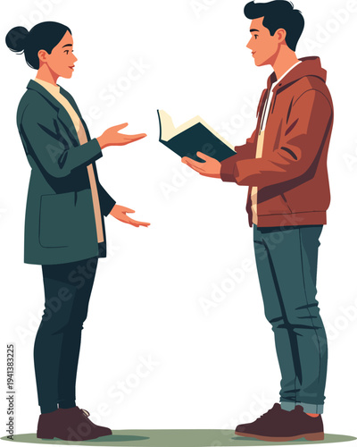 Illustrazione vettoriale che rappresenta un uomo e una donna mentre trasmettono la parola leggendo da un libro sacro. La scena comunica spiritualità, condivisione del sapere e diffusione del messaggio