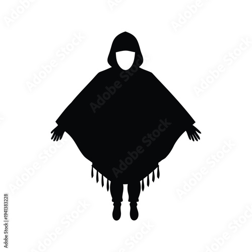 Silhouette of person wearing traditional poncho and mask vector illustration, winter poncho outfit silhouette vector illustration
