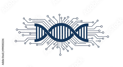 Digital DNA Helix Vector Illustration with Circuit Board Elements Representing Biotechnology, Genetic Engineering, and Data Science