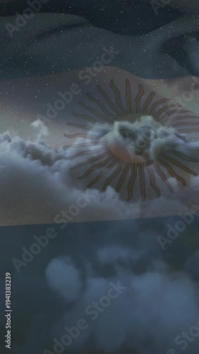 Vertical video: Waving flag with sun emblem drifting in stars, clouds revealing emblem for branding
