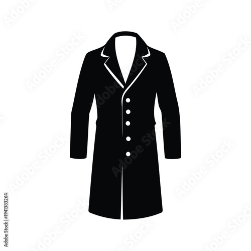 Elegant black and white long coat with buttons silhouette vector illustration, wool overcoat silhouette vector illustration