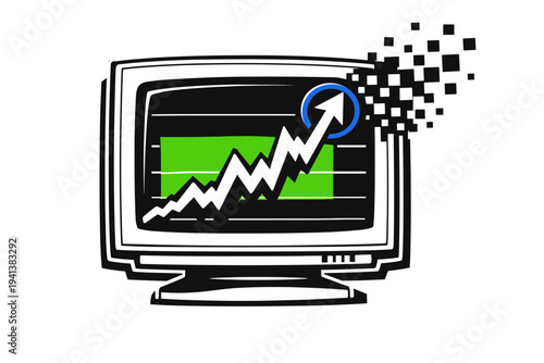 Black and white retro computer screen displaying rising line chart with exaggerated upward spikes, bold green rectangular block behind the main arrow, blue