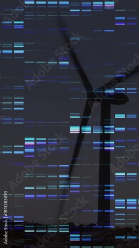 Vertical video: Solo wind turbine rotating in wind, making power while glitch bars obscuring hub