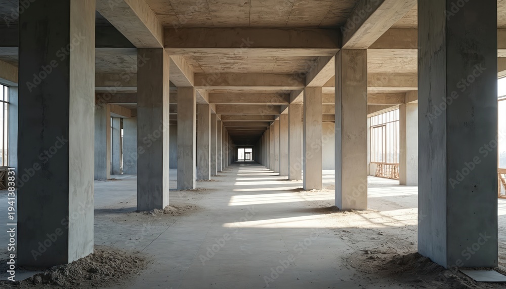 Obraz premium Vast concrete corridor inside unfinished building. Sunlight streams through large windows, casting long shadows on floor. Pillars create symmetrical repeating pattern receding into distance.