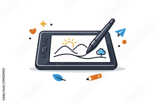 Illustrator drawing tablet shown as a focused creative scene where a pen touches a tablet surface with flowing lines forming a simple illustration. A calm and