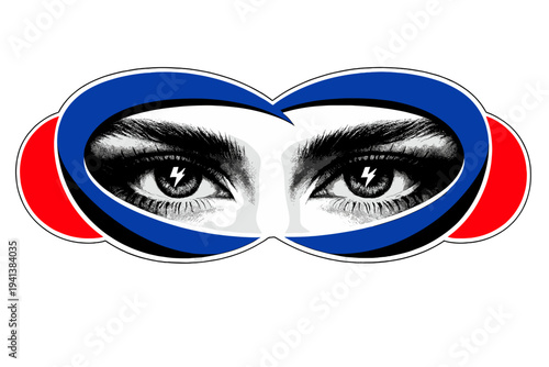 Black and white extreme close-up of a single eye repeated in a mirrored composition, deep blue arc wrapping around the gaze, small abstract lightning bolt