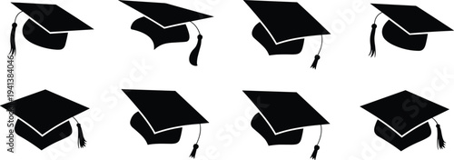 Set of black graduation cap icons with tassels in various perspective angles and styles isolated on white background for education design